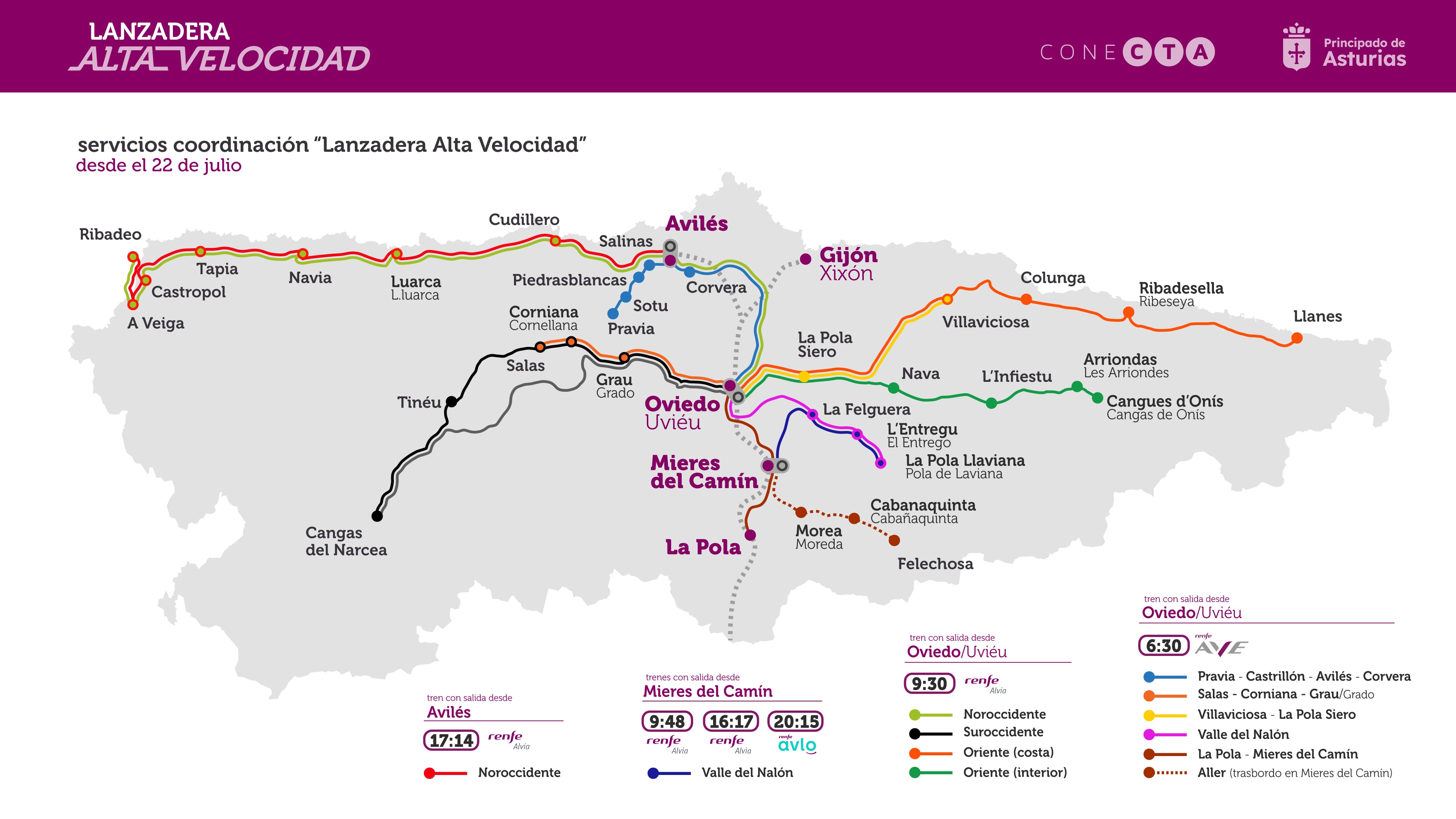 Mapa de las nuevas conexiones de las Lanzaderas Alta Velocidad Asturias