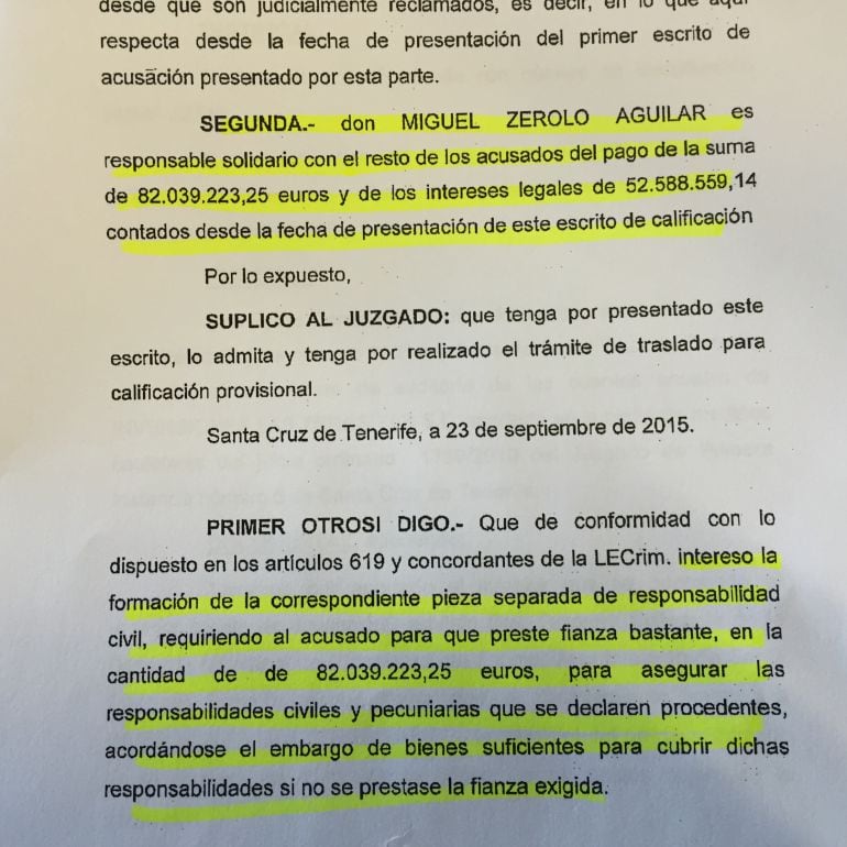 Escrito elevado por el Ayuntamiento al juzgado Nº1 en el que se pide la fianza de 82 millones de euros para Miguel Zerolo. 