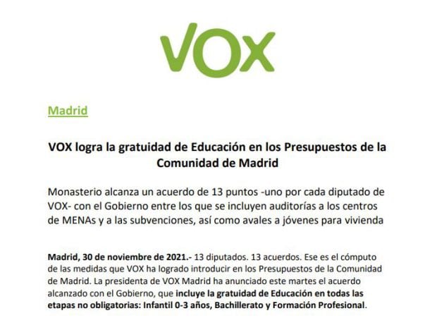 Pinche aquí para leer las peticiones que Vox le ha hecho al Gobierno de Ayuso para aprobar los presupuestos 2022.