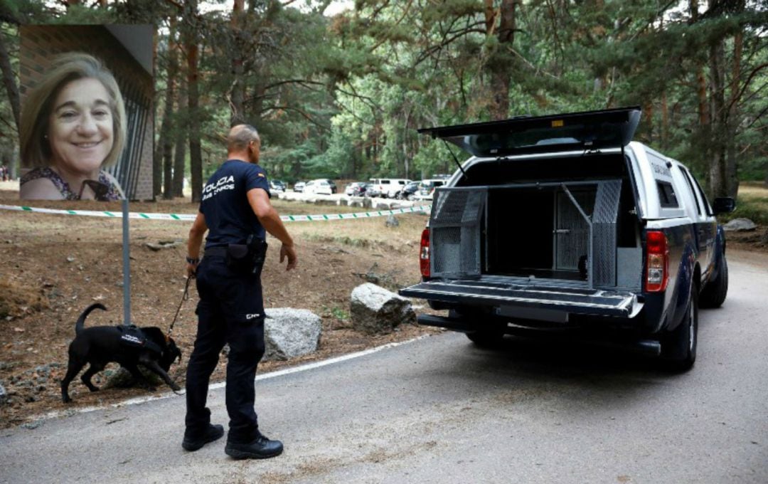 Efectivos de la Policía con perros rastrean la zona de Cercedilla donde apareció el coche de la exesquiadora