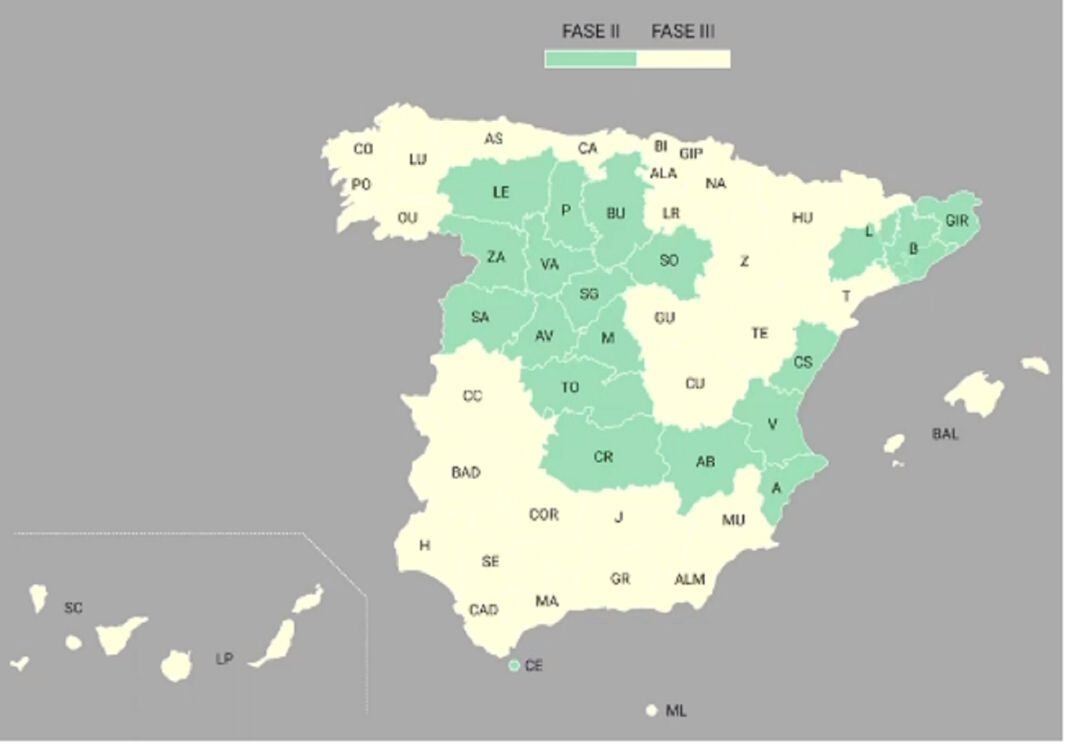 Mapa de las provincias que pasan a la fase 3