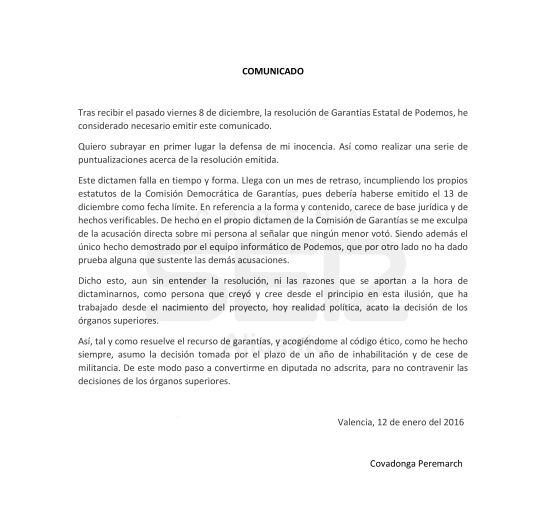 Comunicado remitido por Cova Peremarch