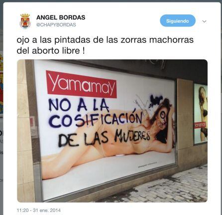 Tuit en el que Bordas se refiere a las feministas como &quot;zorras machorras&quot;.