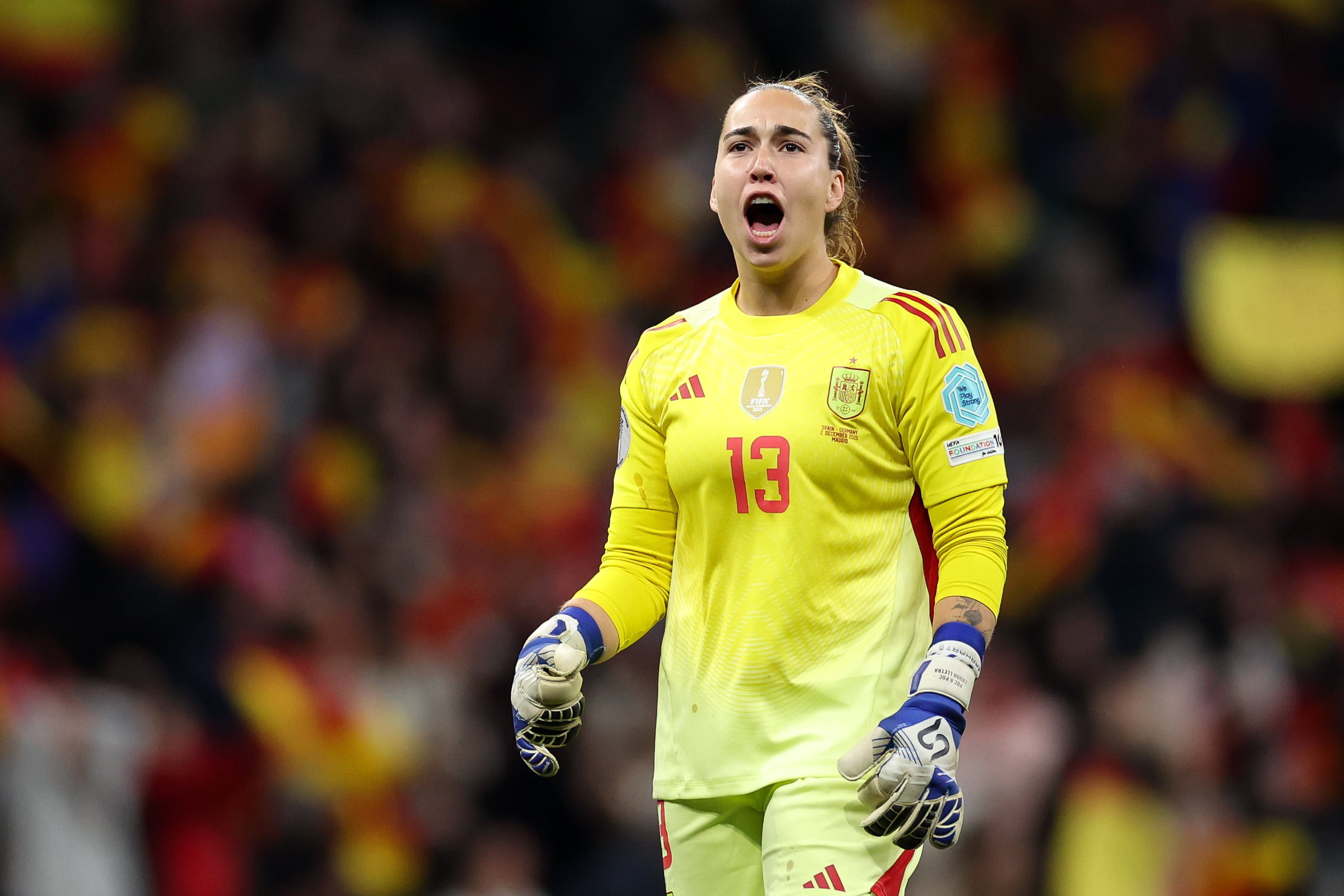 MADRID, SPAIN - DECEMBER 02: Cata Coll of Spain celebrates her team's second goal scored by teammate Vicky Lopez (not pictured)  during the UEFA Women's Nations League 2025 final second leg match between Spain and Germany at Estadio Metropolitano on December 02, 2025 in Madrid, Spain. (Photo by Florencia Tan Jun - UEFA/UEFA via Getty Images)