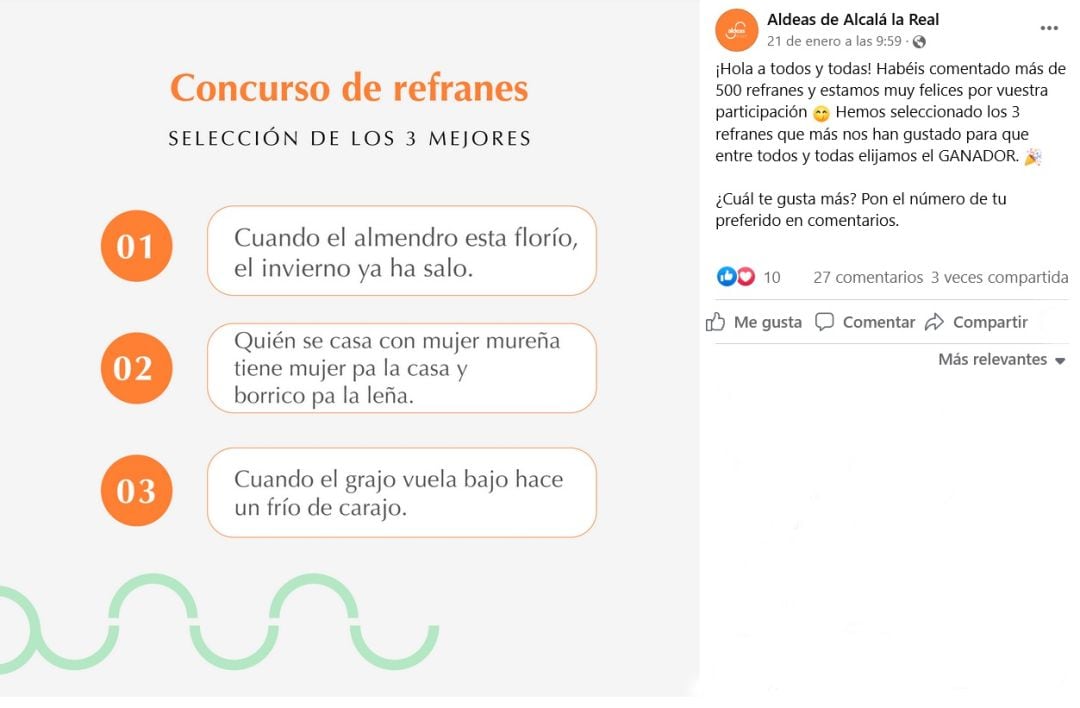 La publicación de Facebook, que ya ha sido eliminada, mostraba los tres refranes a concurso