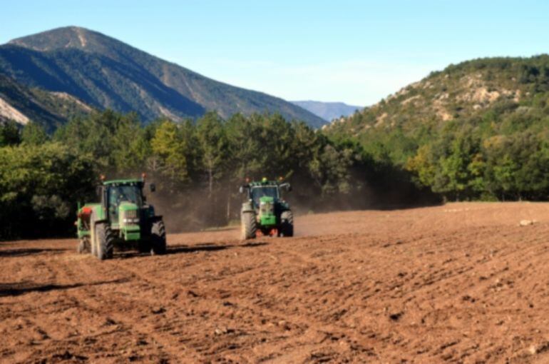 Imatge d'un tractor llaurant una franja de sembrat a la Reserva de Boumort