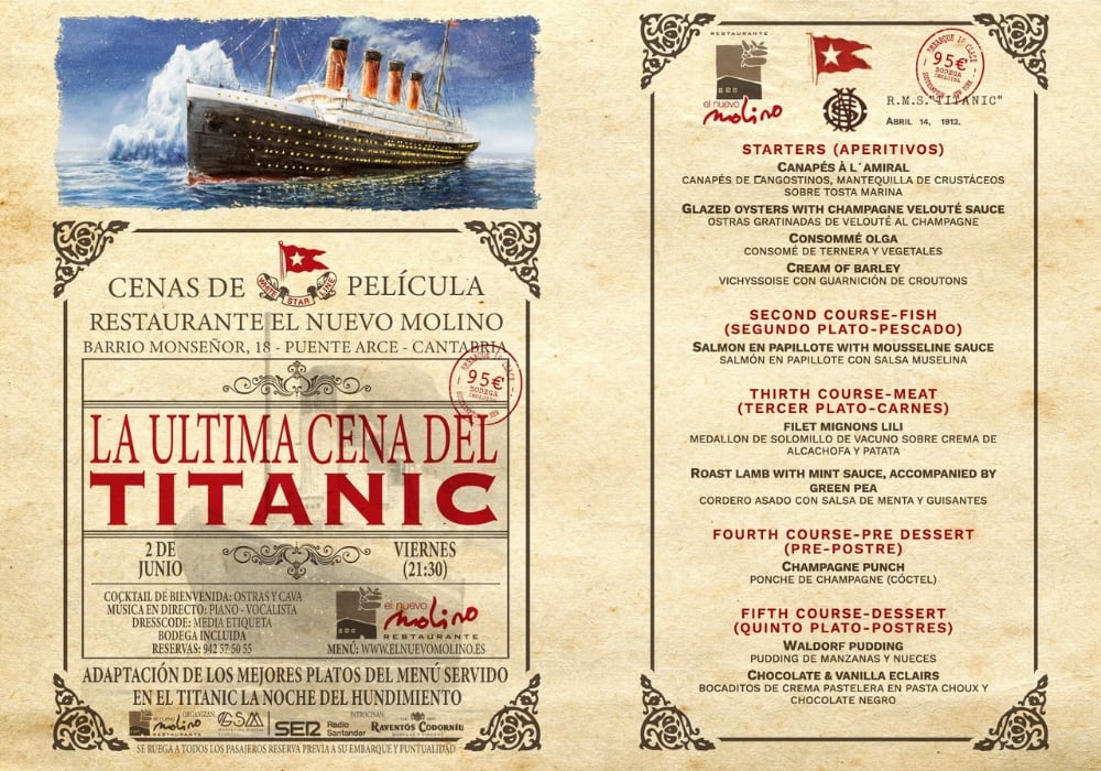 Menú completo de &#039;La última cena del Titanic&#039;.