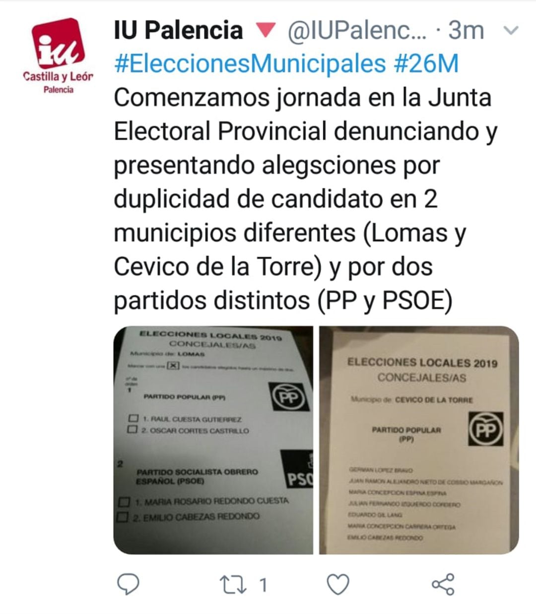 Un mismo candidato aparece en dos listas de dos pueblos de Palencia por dos partidos distintos