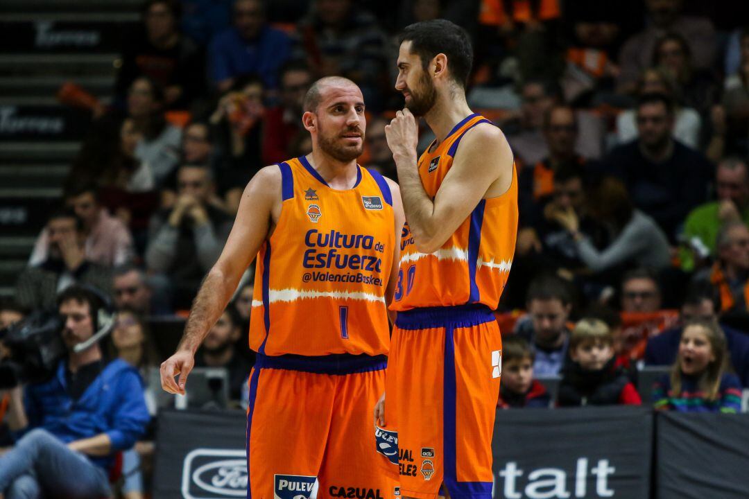 Quino Colom and Joan Sastre of Valencia Basket talking during Liga Endesa Regular Season Round 17 match between. Valencia Basket v Club Joventut Badalona played at  Fuente de San Luis  
 
 