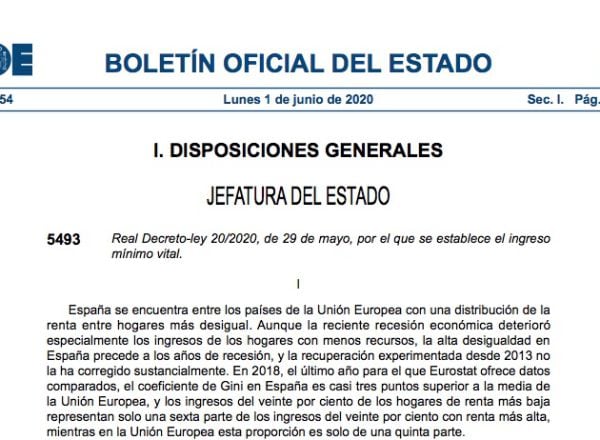 Decreto del BOE por el que se regula el Ingreso Mínimo Vital.