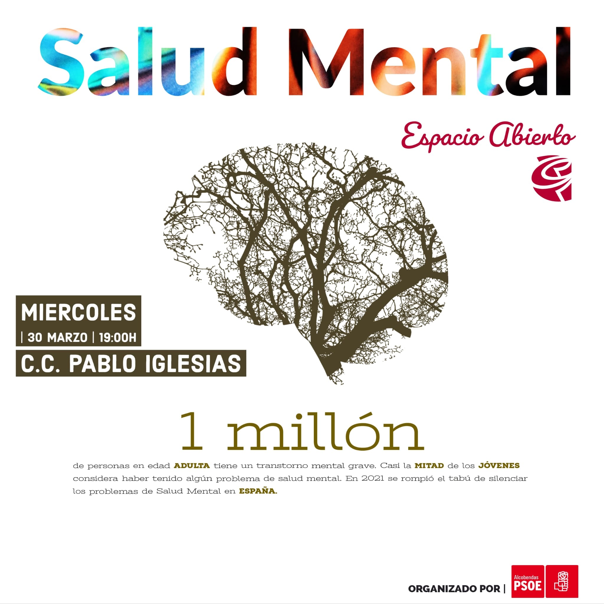 Cartel del acto de &#039;Espacio Abierto de Salud Mental&#039; del PSOE de Alcobendas