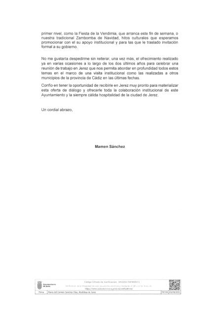 La alcaldesa de Jerez, Mamen Sánchez, ha remitido de nuevo una carta al presidente de la Junta de Andalucía, Juanma Moreno, en la que le pide que compense al Ayuntamiento por los gastos derivados de la pandemia que son competencia de la administración autonómica.