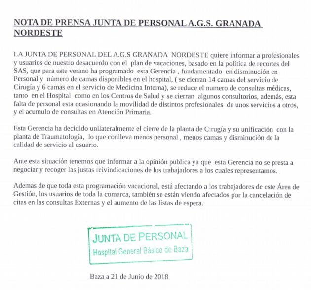 Documento de la Junta de Personal