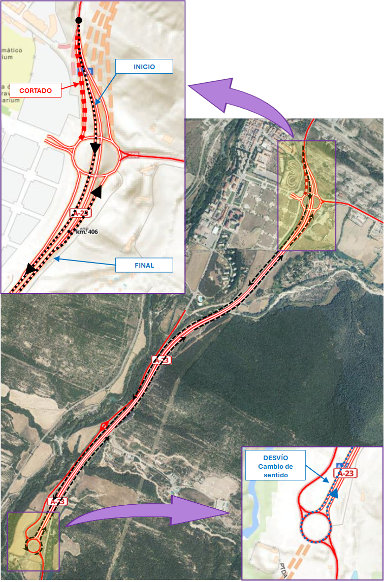 Plano del desvío de tráfico, indicando el ramal cortado y el desvío alternativo