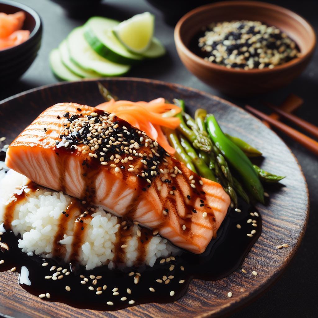 Salmón glaseado con salsa de miso y sésamo negro