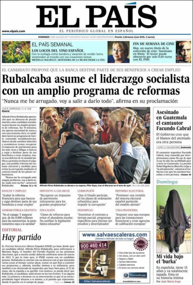 El País: "Rubalcaba asume el liderazgo socialista con un amplio programa de reformas"