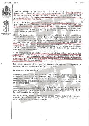 Auto de archivo de la querella de Carmela Silva contra el concejal de Igualdad del PP de Moraña (3/3).