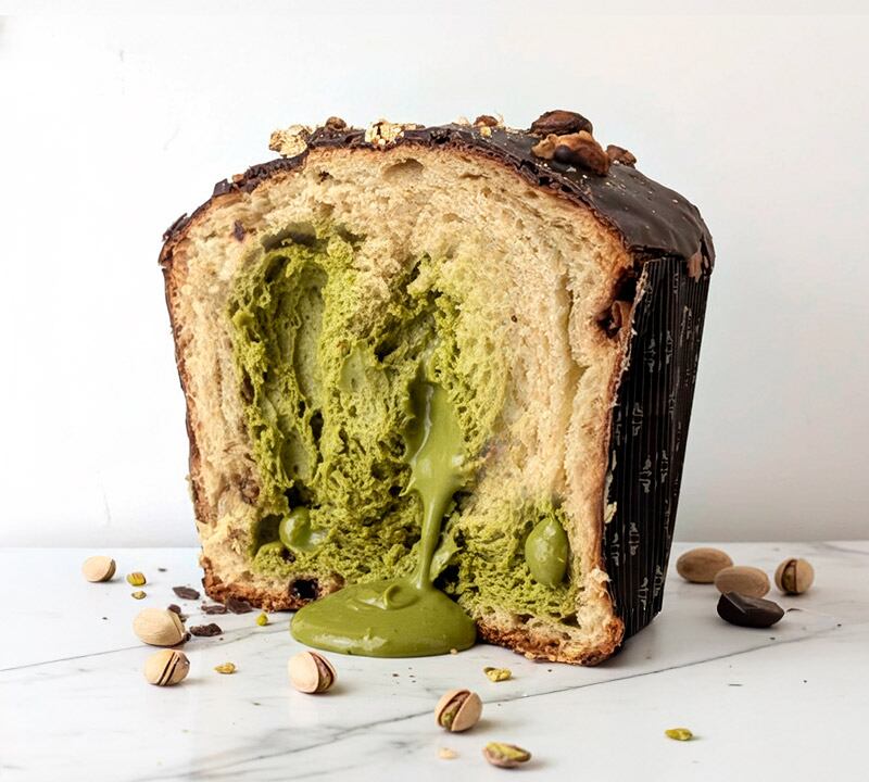 Suavidad en la miga, cremosidad en el relleno, crujiente en el pistacho y un acabado de chocolate que envuelve todo el conjunto.