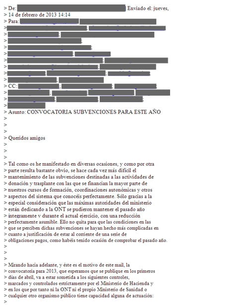 Extracto de la comunicación remitida por el director general de la Organización Nacional de Trasplantes a los coordinadores autonómicos del sistema informando de que las subvenciones estarán supeditadas al déficit