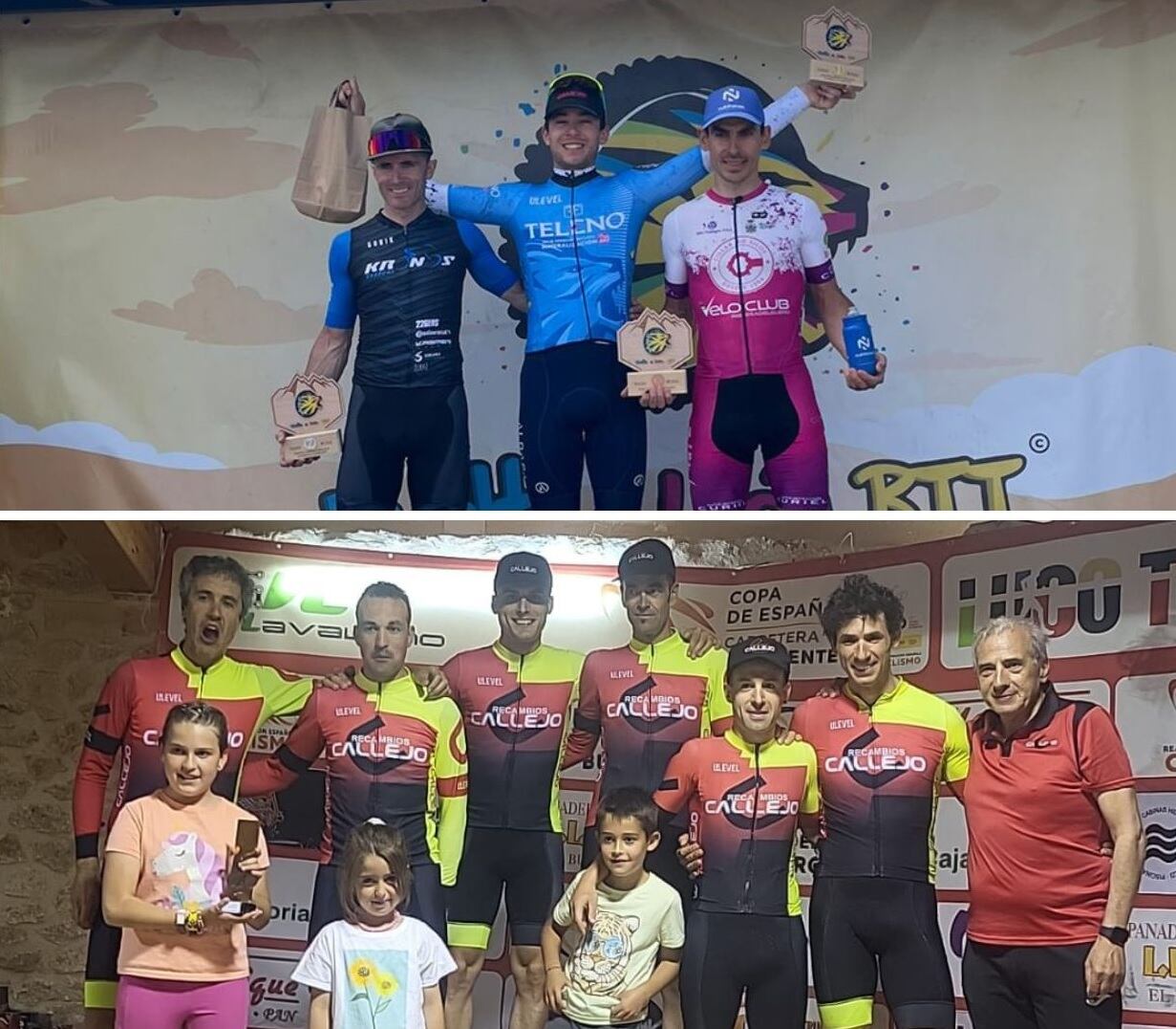 Luis Ortega, segundo en la Vuelta a León BTT -arriba a la izq- y los integrantes del Recambios Callejo, ganadores por equipos en Copa de España