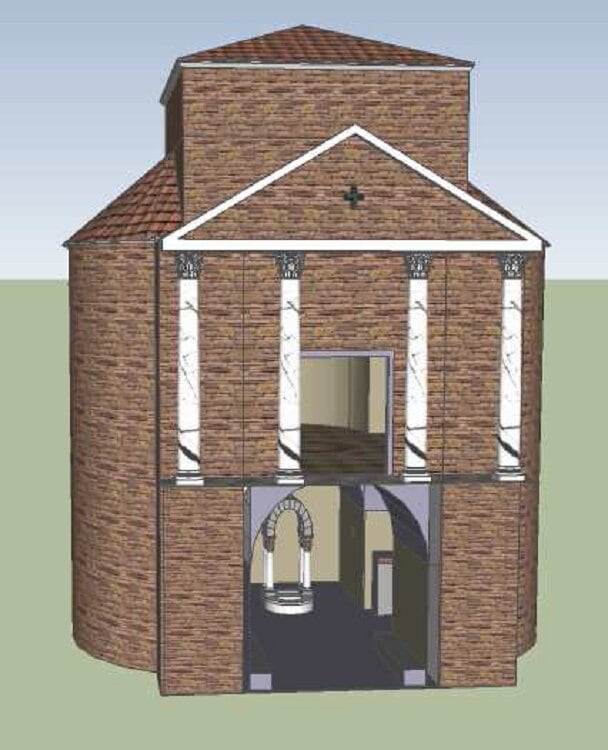 Reconstrucción del Mausoleo de Llanes con los datos arqueológicos del aspecto del Mausoleo. Dibujo extraído del informe sobre la actuación arqueológica del Mausoleo Romano de Llanes realizado en el 2003 por J.C. Guisado.