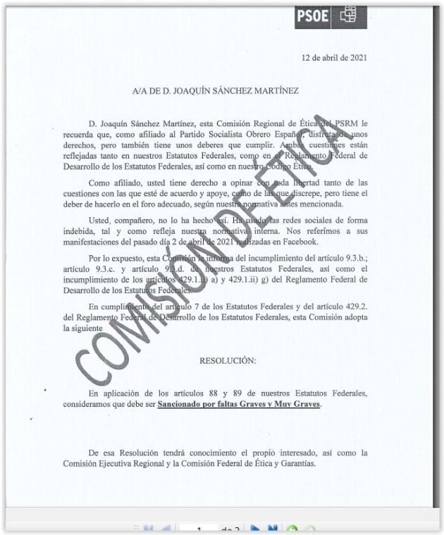 Expediente contra un militante del PSRM