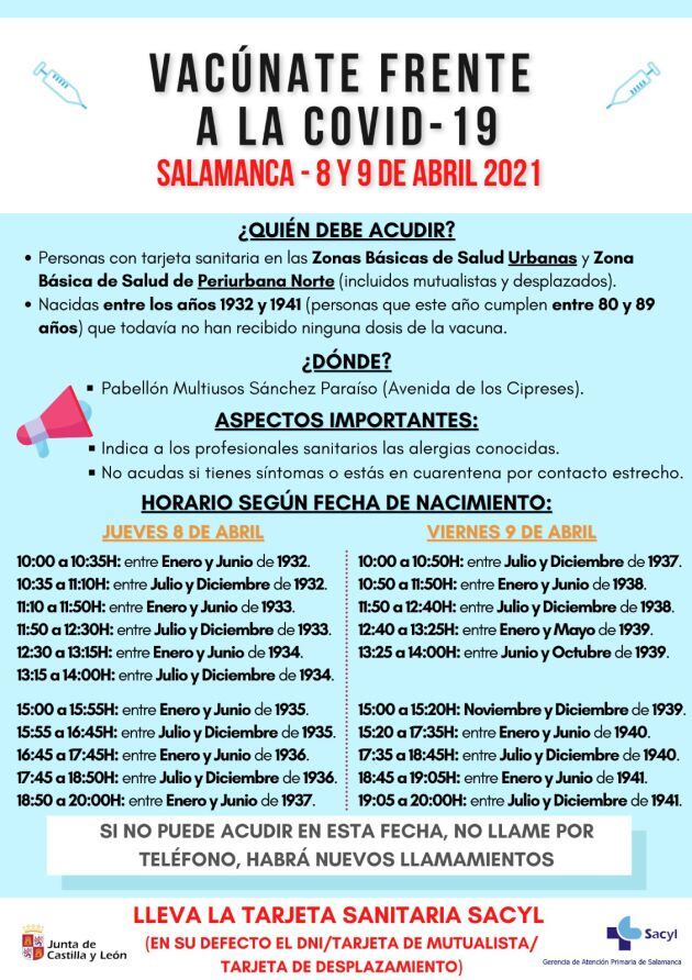 Relación de horarios de la vacunación masiva en Salamanca