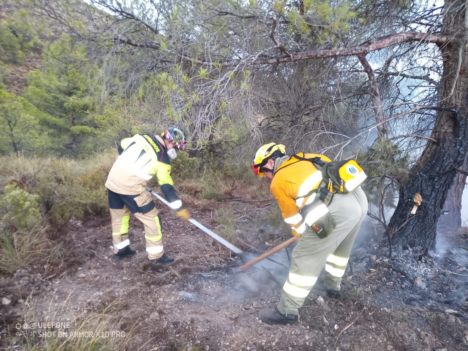 Bomberos trabajan en la extinción del incendio forestal declarado en el Cerro Gordo (Caravaca de la Cruz)