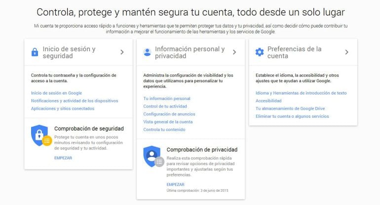 Imagen del enlace &quot;Mi Cuenta&quot; de Google para gestionar la privacidad del usuario