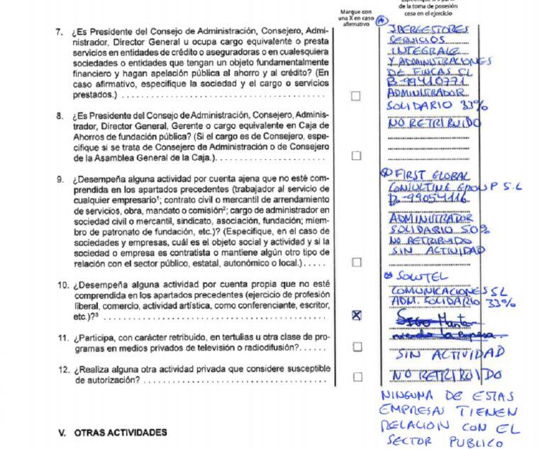 Captura de la declaración de actividades de José Luis Juste, disponible en la página web de las Cortes de Aragón 