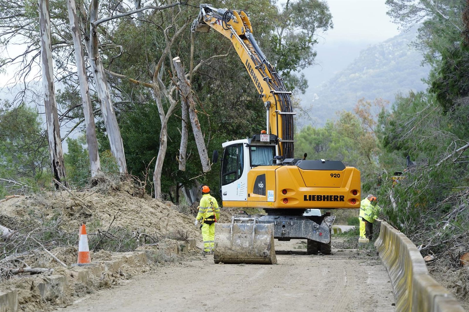 Operarios trabajando en la carretera de acceso a Benamahoma (A-372)