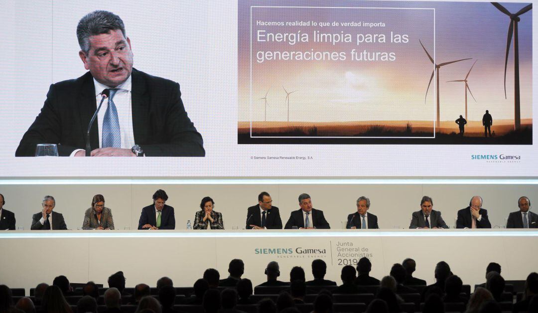 El presidente de Siemens Gamesa, Miguel Angel López, expone este miércoles los datos en la Junta de Accionistas de 2019 de Siemens Gamesa Renewable Energy.