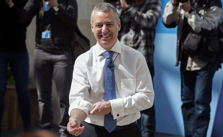 El lehendakari, Iñigo Urkullu, durante el balance de la gestión de su gobierno al cumplirse mil días de la presentación del programa de gobierno, en un acto celebrado en la sede de la Presidencia del Ejecutivo en Vitoria. 