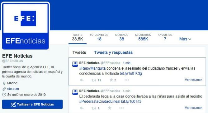 Captura de pantalla del Twitter de EFE en el momento del tweet.