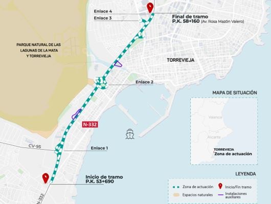 Mapa del tramo que abordar el proyecto para duplicar la N-332 en Torrevieja