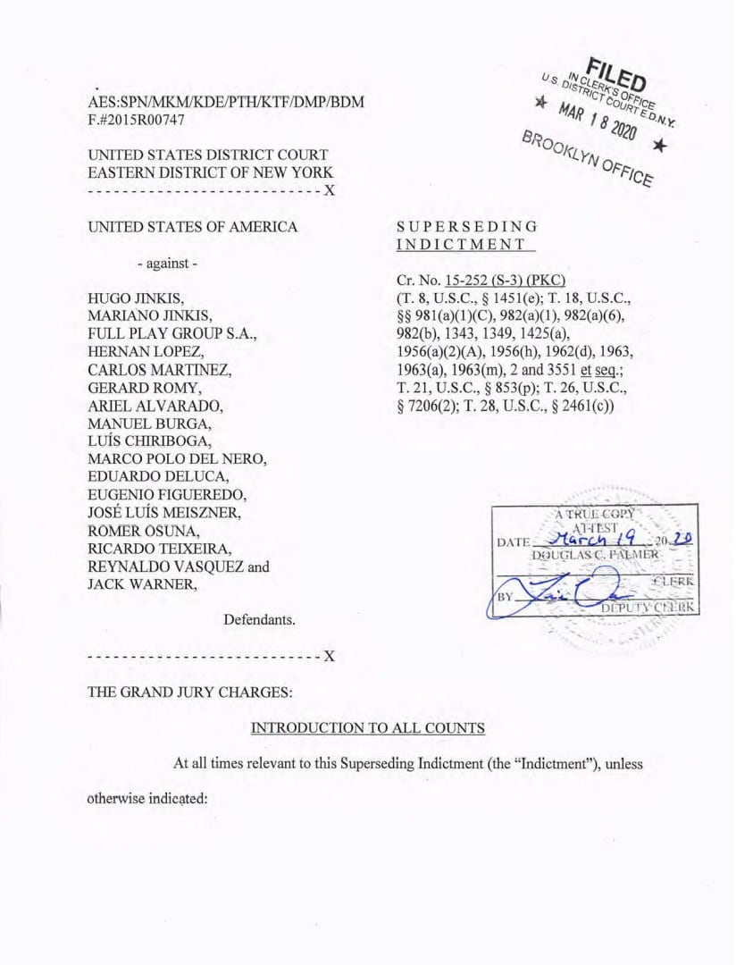 Documento oficial del FBI sobre la detención de los dirigentes FIFA