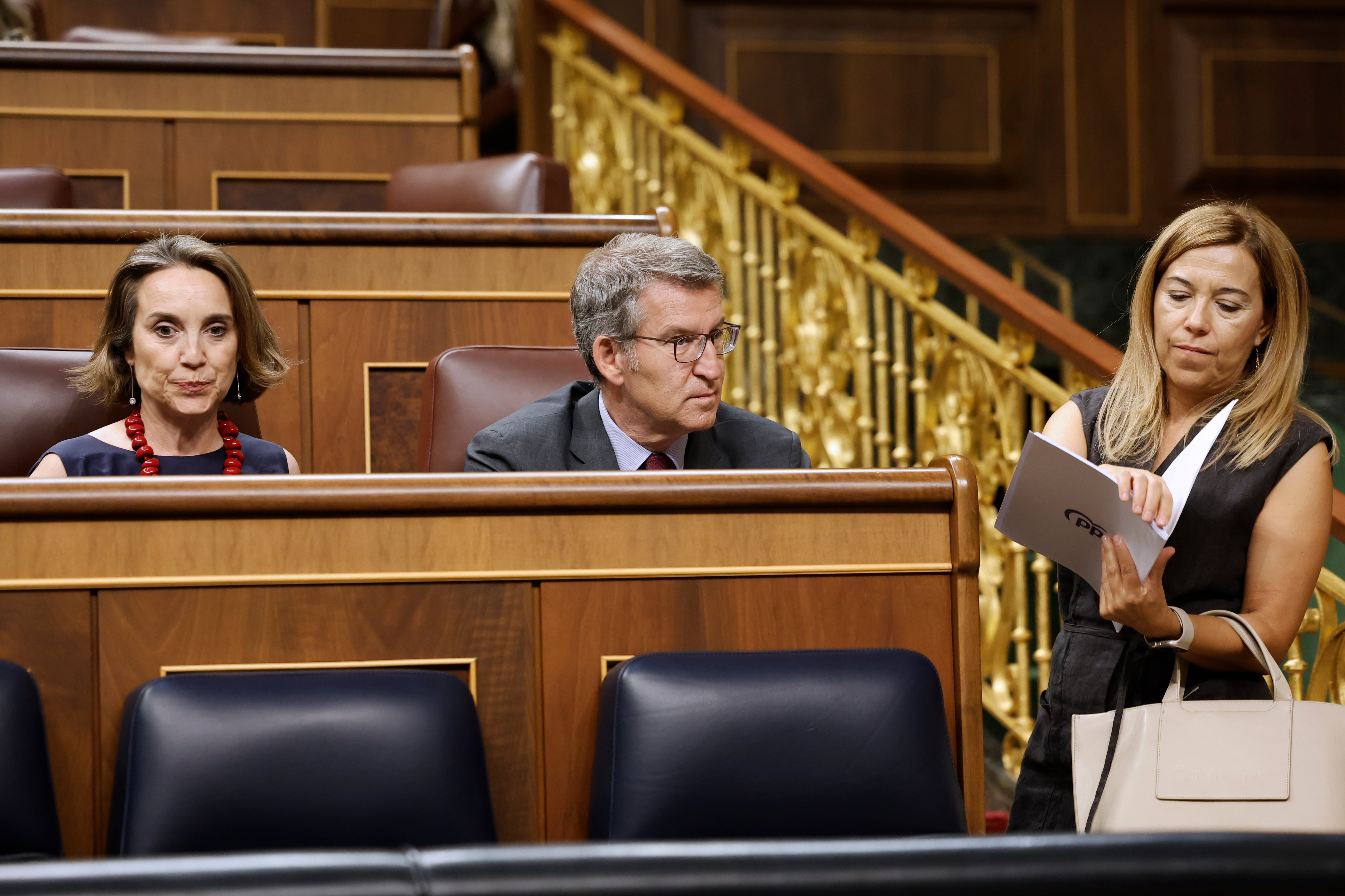 El líder del PP, Alberto Núñez Feijóo junto a la diputada Cuca Gamarra (i) antes del inicio del pleno extraordinario del Congreso donde este jueves se debate la toma en consideración de la propuesta acordada por PP y PSOE para la nueva composición del Poder Judicial