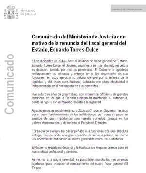 Nota del Gobierno sobre la dimisión de Eduardo Torres-Dulce