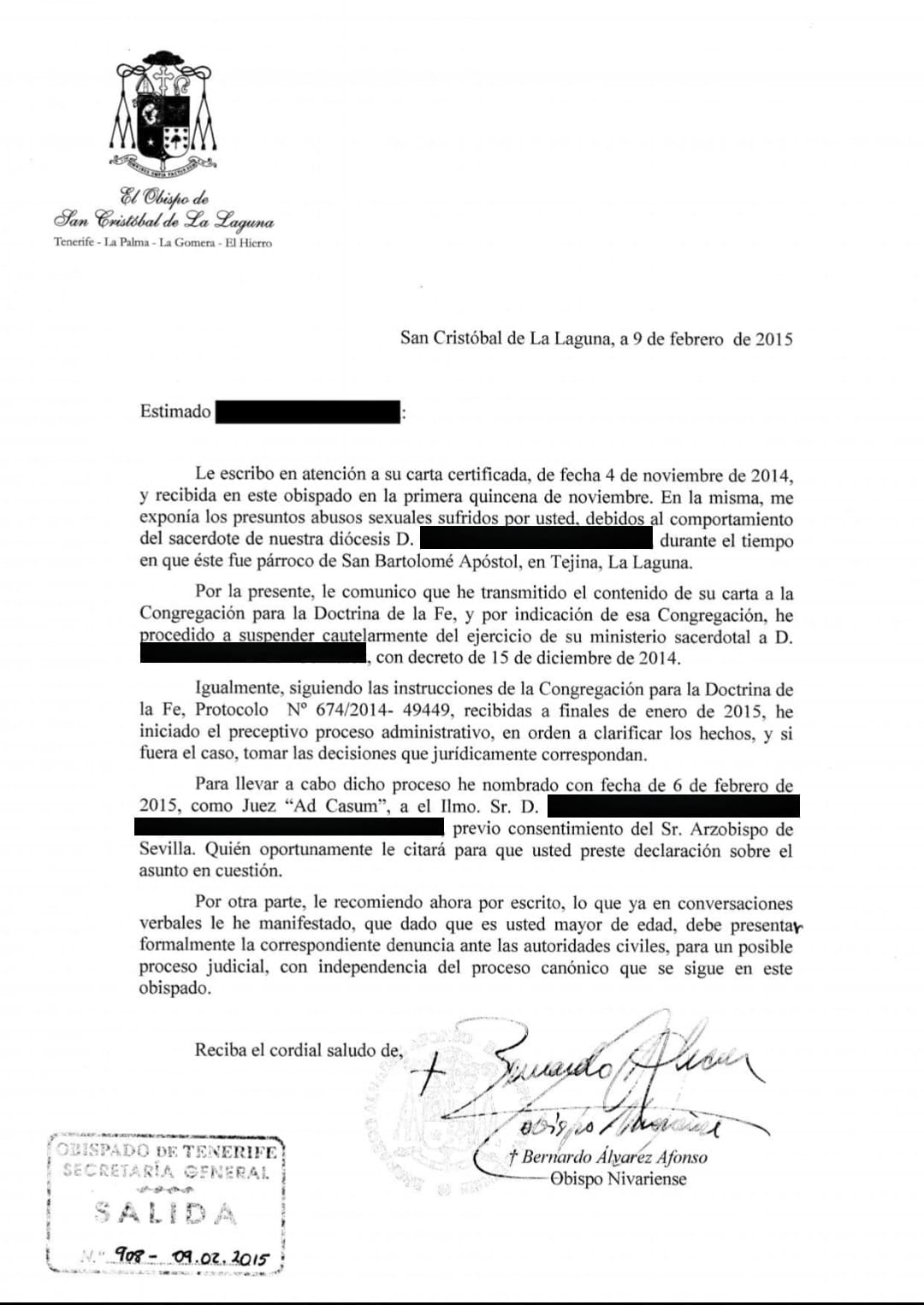 Obligado por el protocolo de Roma, Bernardo Álvarez comunicó al Vaticano lo que le ocurrió a Camilo. Los casos de los años 70 sin embargo quedaron siempre ocultos.