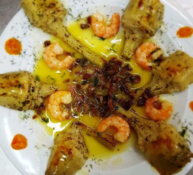 Corazones de alcachofa con gambas y jamón ibérico en Lomopardo