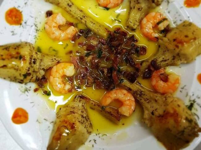 Corazones de alcachofa con gambas y jamón ibérico en Lomopardo