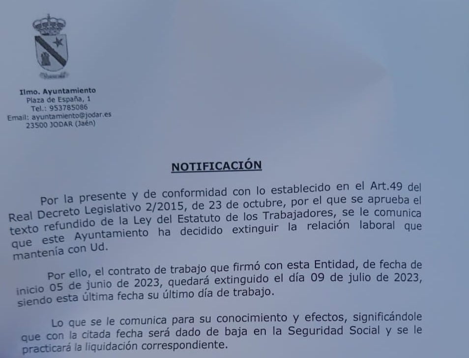 Escrito remitido a los trabajadores de la Piscina Municipal de Jódar despedidos