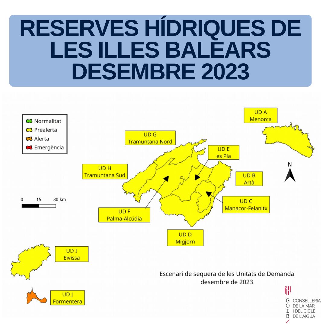 Mapa de la situación de las reservas hídricas de Baleares en diciembre