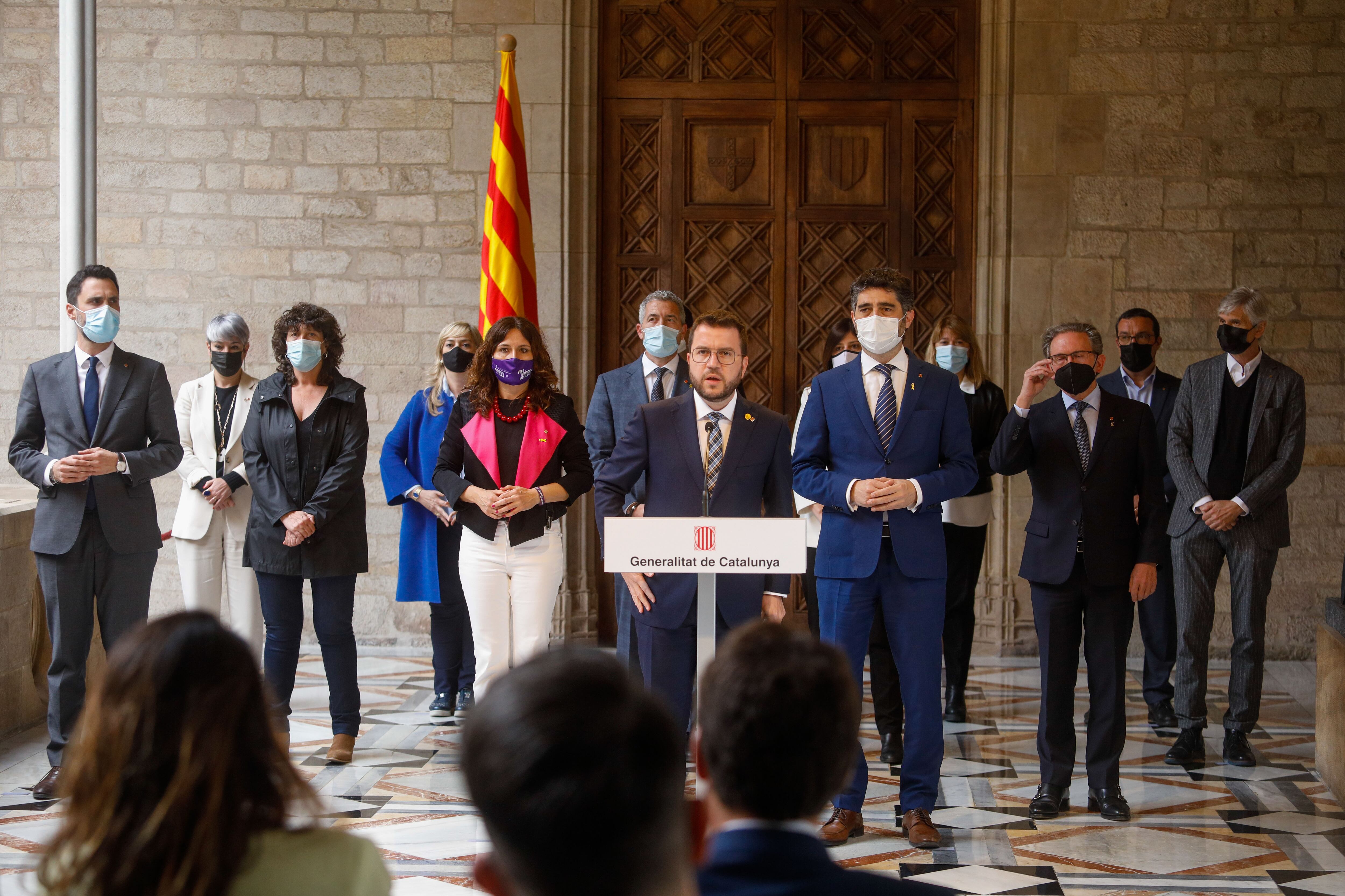 El president de la Generalitat, Pere Aragones, durante una comparecencia junto a miembros del Govern