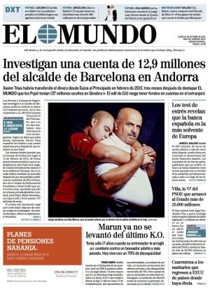 Portada de &#039;El Mundo&#039; del 27 de octubre de 2014, la primera sobre la supuesta cuenta en Suiza de Xavier Trias.