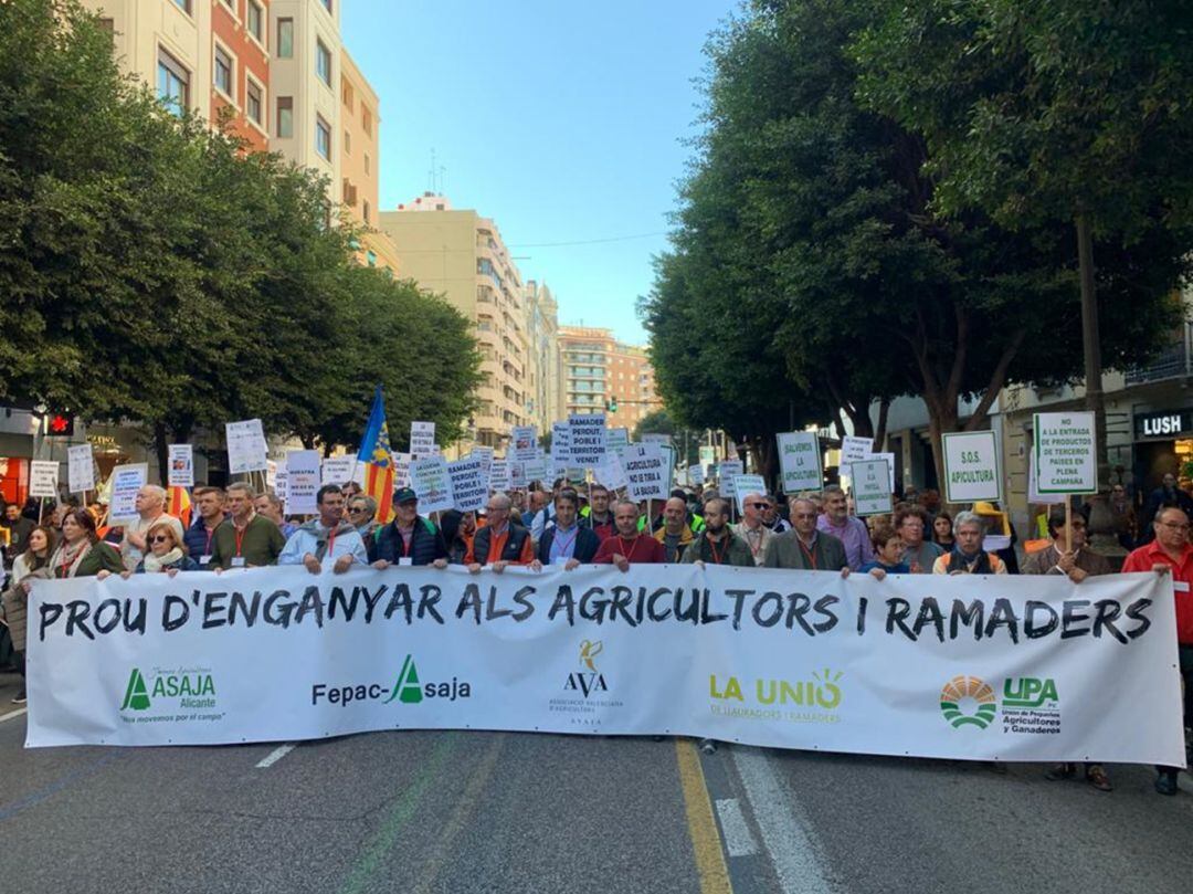 Cabecera de la manifestación por las calles de València para pedir precios justos en el campo