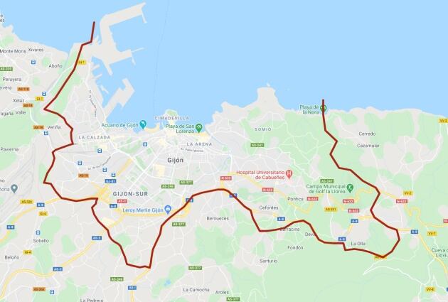 Mapa de las zonas afectadas por el cierre perimetral de Gijón.
