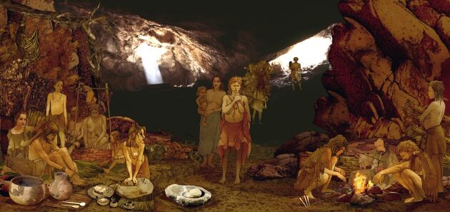 Reconstrucció de la vida al neolític en la Cova de l&#039;Or (A. Marín).