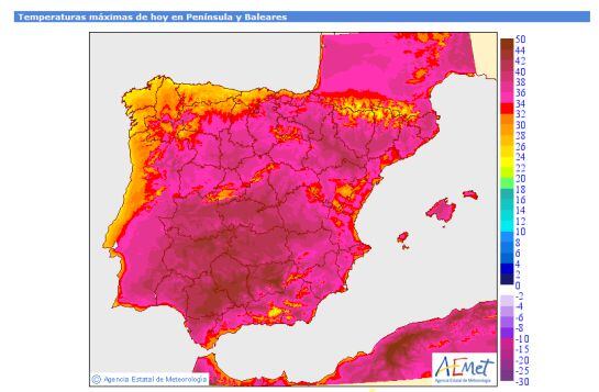 Mapa de temperaturas máximas para este lunes 6 de julio.