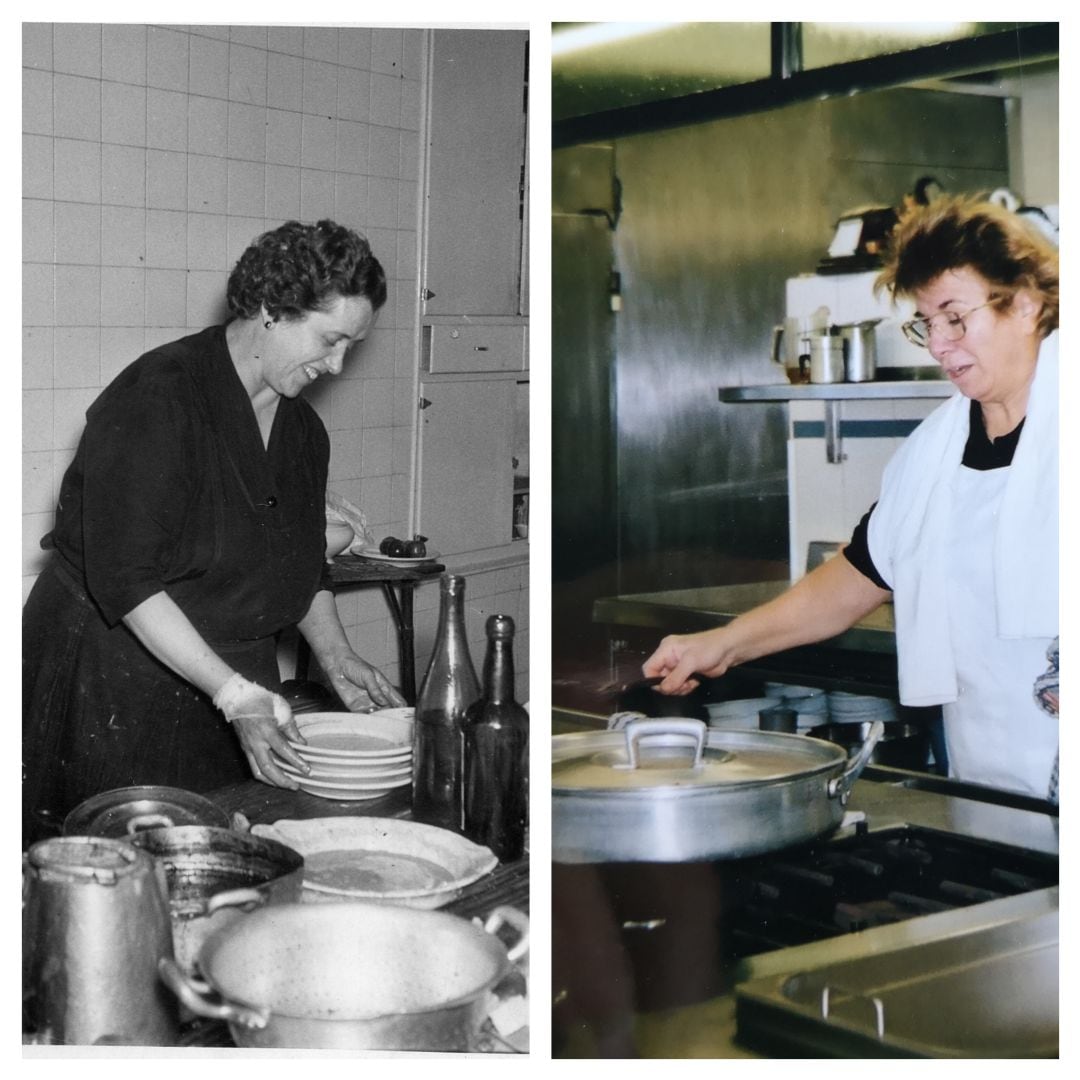 Imagen de Josefa Goñi y Paquita Arratibel en los fogones de sus restaurantes.